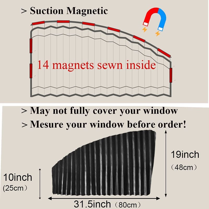 Ovege Car Side Window Sun Shade Car Curtain Pleated Silky Suction Magnetic (Black-Opaque, Front Seat 2pcs) - Image 4